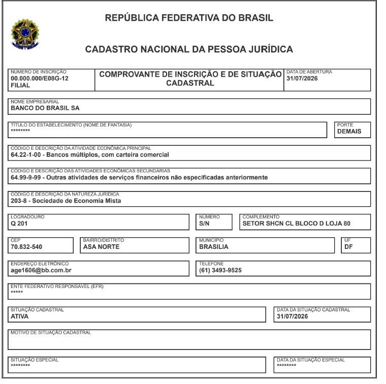 Comprovante de Inscrição do primeiro CNPJ Alfanumérico do Brasil — 00.000.000/E08G-12, Banco do Brasil SA, Brasília/DF, emitido em 31/07/2026